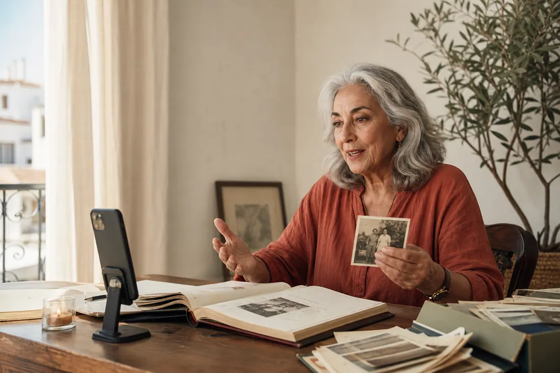 Carmen cuenta una historia frente a su grabadora mientras sostiene una fotografía familiar